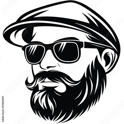 Bearded man wearing glasses and newsboy cap exhibits a striking black and white portrait
