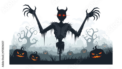 Shadow of Halloween's Embrace: A shadowy, eerie specter looms amidst a landscape of menacing pumpkin and twisted trees, an illustration perfect for celebrating the spirit of Halloween.