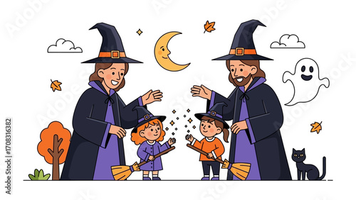 Whimsical Halloween Family Portrait: An adorable illustration depicting a family of witches with their spellbound children sharing magical moment under the Halloween night sky.