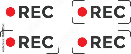 Recording or REC icon Set. red color record symbol. Red REC logo for video camera recording control.
