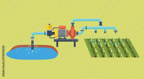 Modern Farm Irrigation System with Water Pump and Sprinkler Pipes for Efficient Agricultural Field Watering, Sustainable Farming Technology, and Crop Management Design