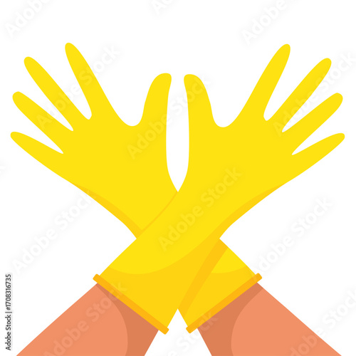 Yellow rubber gloves. Hygiene, cleaning, wash, housekeeping work. Work and protective equipment. Vector illustration in flat style.