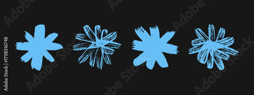 Collection of pastel blue snowflakes. Christmas crystal look. Cute child-inspired holiday vector of abstract stars or flowers set. Drawn in squiggle marker, chalk, charcoal and crayon for frozen, waxy