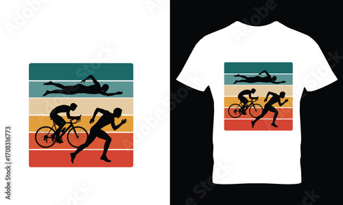 Triathlete silhouettes on retro stripes triathlon swimmer