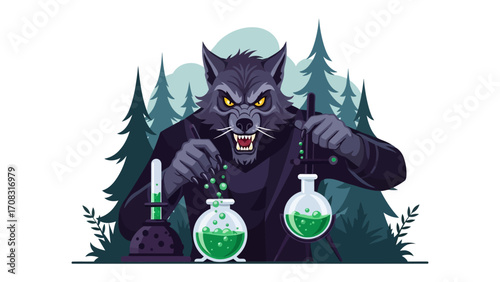 Werewolf Alchemist: A mystical werewolf, meticulously crafting a potion in a shadowy forest setting, embodying a fusion of fantasy and arcane craftsmanship.