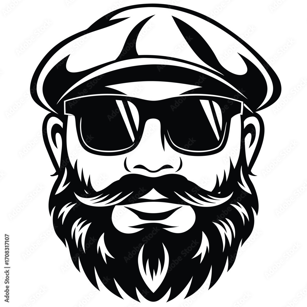 Obraz premium Bearded man with hat and sunglasses is depicted in bold black and white