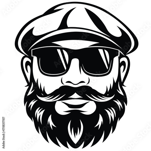Bearded man with hat and sunglasses is depicted in bold black and white