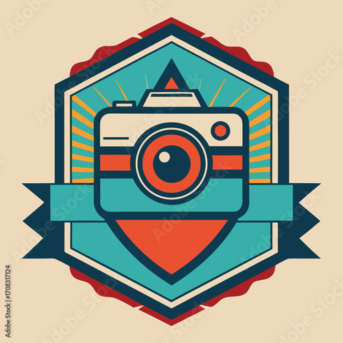 Retro photography badge design with vintage camera elements and grunge texture