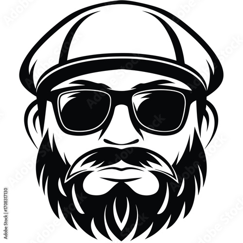 Bearded man with cap and glasses in black and white stylish design