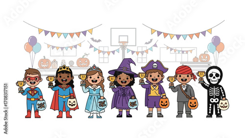 Spooky Success: A group of children in diverse costumes proudly hold up trophies after their achievements. Capturing the Halloween spirit and sense of accomplishment.
