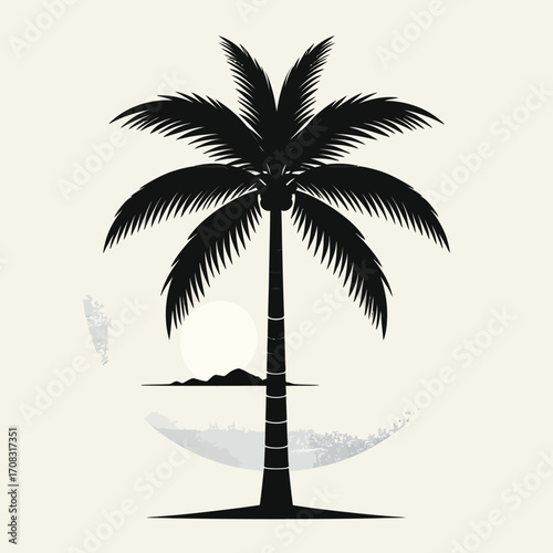 Silhouette of a tall palm tree on a sunny beach.