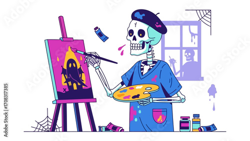 Artistic Skeleton: A creative skeleton, donning a beret, immerses himself in painting, with a haunted castle and a whimsical palette of colors filling a canvas.