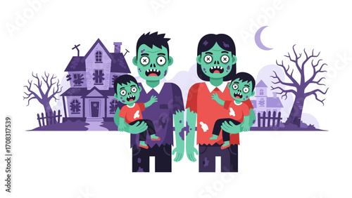 Spooky Zombie Family: A chillingly charming illustration depicts a family of zombies, embracing the spooky spirit. The undead family of four stands before a haunting house.