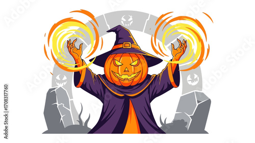 Magical Pumpkin Sorcerer: A captivating digital illustration of a pumpkin-headed sorcerer conjuring swirling flames, set against a background of a mystical gate and tombstones.