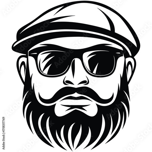 Bold bearded man with cap and sunglasses in black and white presents confident attitude
