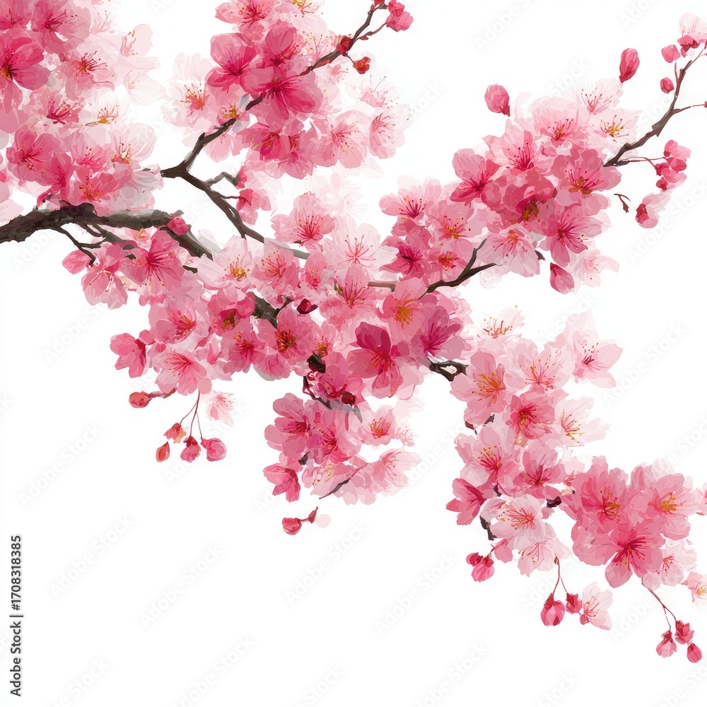 Naklejka premium Delicate pink cherry blossoms on a branch against a white background. Soft watercolor style