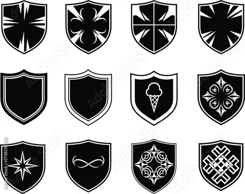 Shield emblem vector set, black heraldic symbols, decorative badge icons, medieval crest designs, graphic elements for logo, branding, security, and protection themes