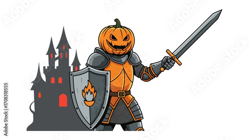 Pumpkin Knight's Halloween Guard: A formidable pumpkin-headed knight, clad in gleaming armor, stands ready to protect a shadowed castle, holding a shining sword and shield during Halloween season.