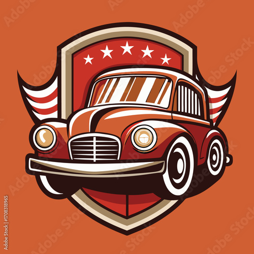 Retro automobile emblem design with classic car styling and vintage typography