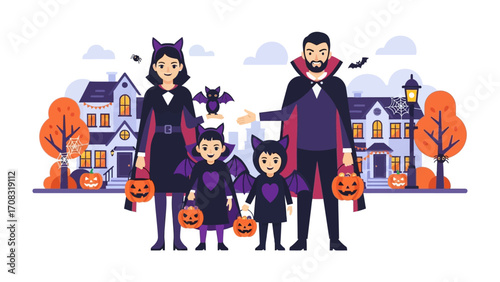 Spooky Family Celebration: A Family adorned in Halloween costumes, stand in front of a row of decorated houses, creating a scene of excitement and anticipation on a crisp autumn day. 