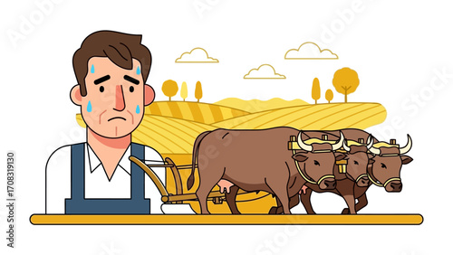 Overworked: A farmer and three oxen demonstrate the concept of labor and hardship, in an illustrative image, capturing the relentless spirit.