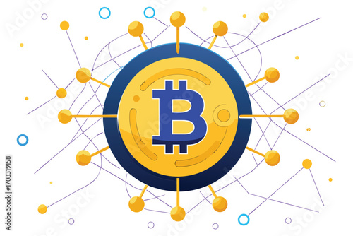 Bitcoin Cryptocurrency Coin with Network Connections and Abstract Elements vector