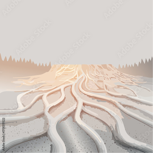 Misty Morning at Geothermal Spring: Beige and White Terrain