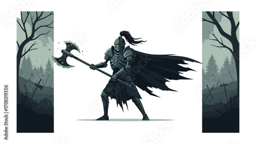 The Knight of Shadows: A formidable knight, clad in ancient armor, brandishes a fearsome axe as they confront an unseen enemy. The backdrop of a skeletal forest.