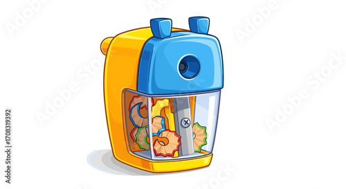 Adorable cartoon pencil sharpener with shavings, isolated on a white background.