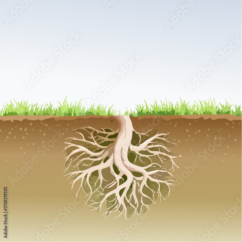 Plant Roots System Under Ground Soil Cross Section Illustration