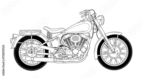 Detailed Line Art Depiction of a Classic Motorcycle on White