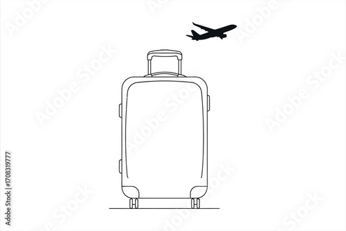 Black silhouette airplane flying over a white outline suitcase on white background aircraft travel