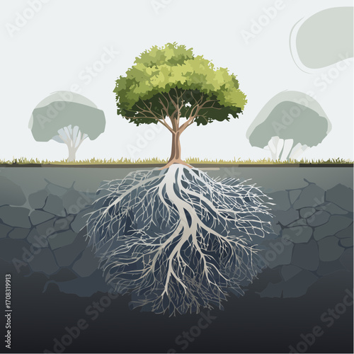 Tree Roots Illustration: Detailed Depiction of a Tree's Extensive Root System Extending Deep into the Ground