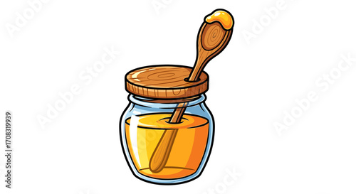 Sweet Honey Jar Cartoon Illustration with Wooden Spoon Dipper