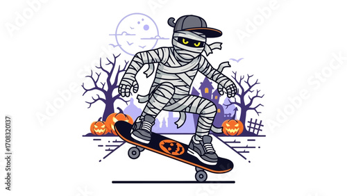 Skateboard Mummy in Spooky Town: An illustration of a skateboarding mummy carving through the Halloween night, a delightful scene of spooky fun.