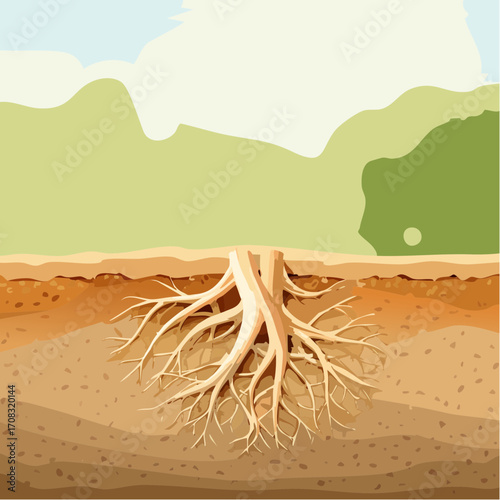 Tree Roots in Brown Soil Against Green Hills