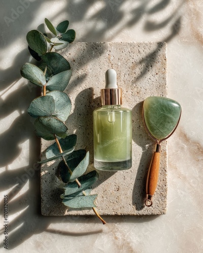 a serene still-life captures a jade roller, serum, and sprig of eucalyptus on a stone surface, exuding tranquility
