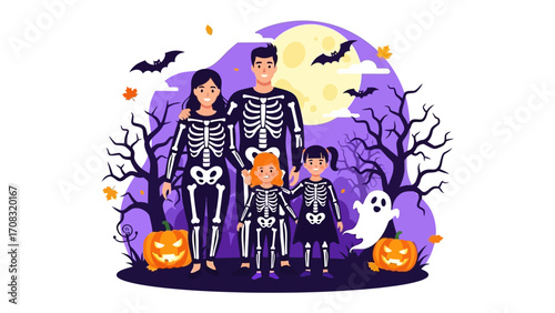 Spooky Family Halloween Illustration: An illustration of a family, clad in skeleton costumes, set against a Halloween backdrop. Carved pumpkins and spooky details add festive touch.