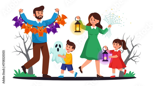 Halloween Family: An animated illustration depicting a family of five happily preparing for Halloween. The parents are hanging bats and carrying lanterns.