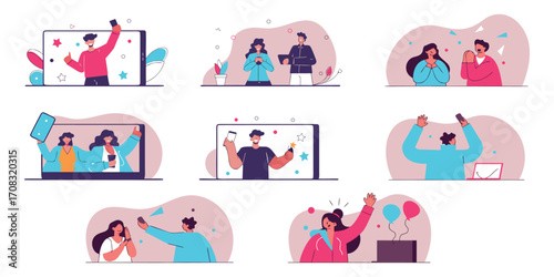 Collage of people using smartphones and tablets for selfies. With media, selfies, video calls, smartphones, tablets, laptops, people, men, women, illustration.