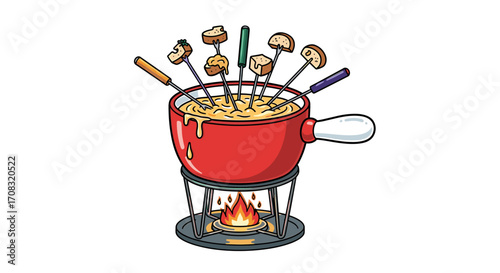 Delicious cheese fondue with bread cubes and a cozy fire.