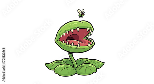Cartoon Carnivorous Plant Ready to Catch Flying Insect Prey