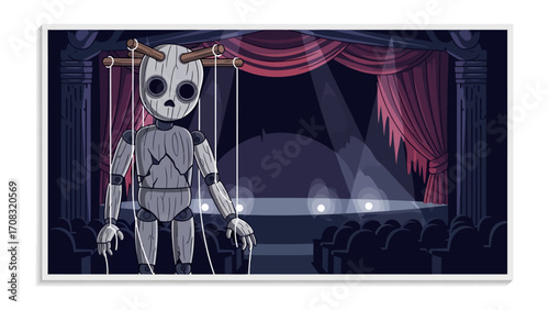 Puppet Stage Performance: A forlorn puppet, stands center stage, his wooden visage etched with an uncanny sadness, awaiting a theatrical performance within a vintage theatre.