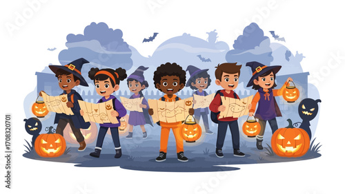 Halloween Adventure: Young explorers, each in costume, embark on a thrilling trick-or-treat adventure. Illuminated by lantern light, they traverse a whimsical landscape.