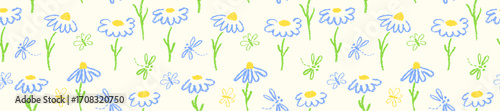 Whimsical seamless pattern of chamomile, butterfly, and dragonfly. Pastel crayon with rough paintbrush effect, wax squiggle, and charcoal texture. Perfect for bedroom, kindergarten, or school design.
