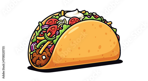 Delicious Cartoon Taco Loaded with Fresh Ingredients on White Background