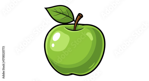 Fresh Green Apple with Leaf, Cartoon Illustration Isolated