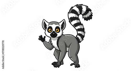 Playful Cartoon Lemur with Ringed Tail Waving Hello
