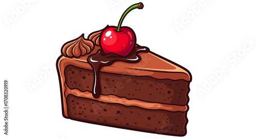 Cartoon chocolate cake slice illustration with a bright red cherry.