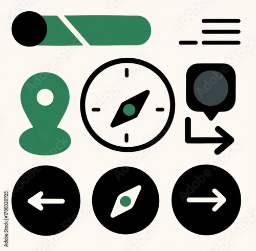 A collection of sleek, modern user interface elements for digital navigation, featuring a compass, location pins, and directional arrows